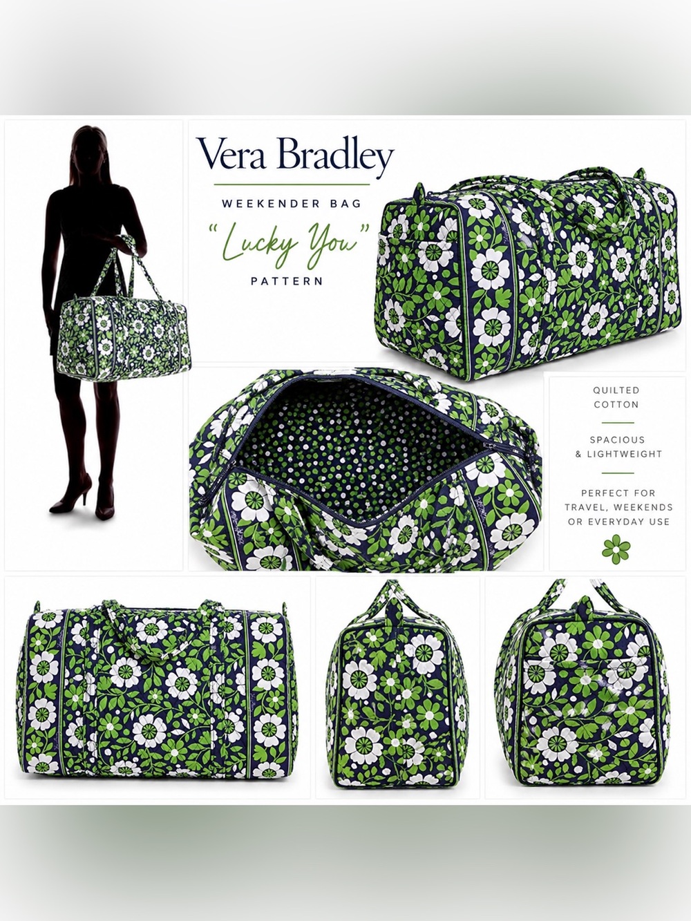 Vera Bradley Lucky You Weekender Duffel Bag Navy Green Floral Quilted Travel Bag